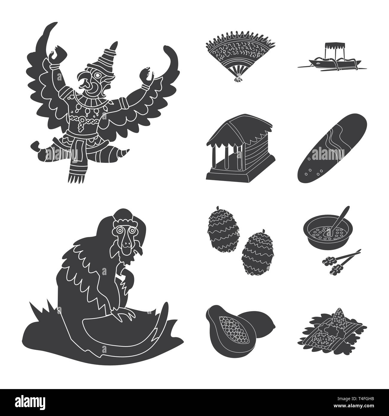 garuda,fan,boat,hut,surfboard,monkey,humulus,dish,papaya,rice,bird ...