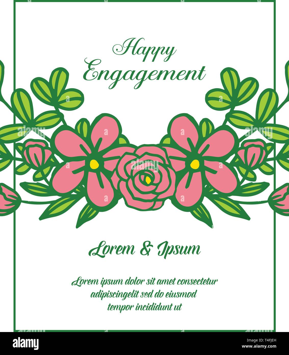 Vector illustration bouqet frame with writing of happy engagement Stock ...