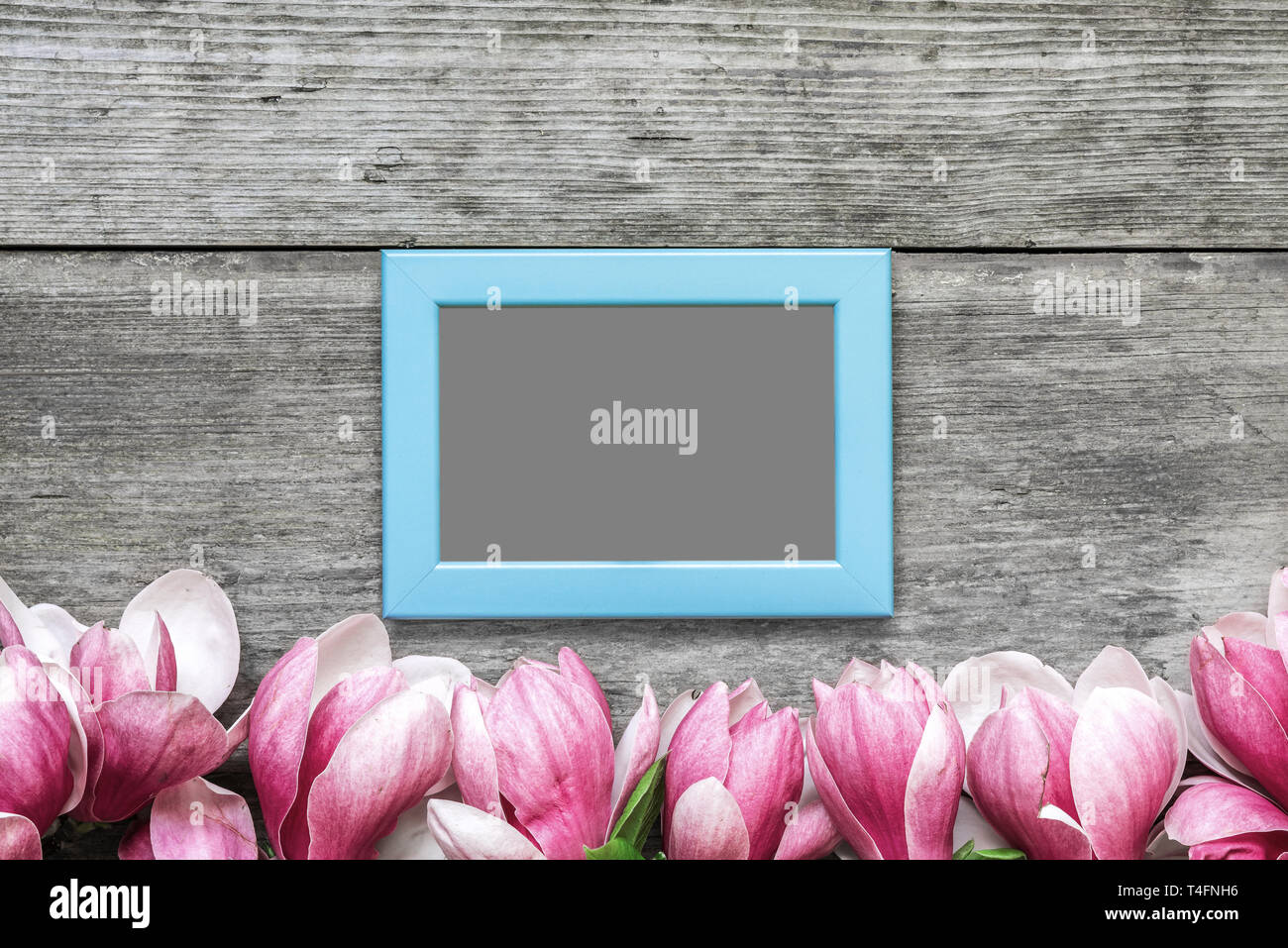 blank photo frame with pink magnolia flowers on rustic wooden background. flat lay. top view. mock up. spring concept. wedding or womens day compositi Stock Photo