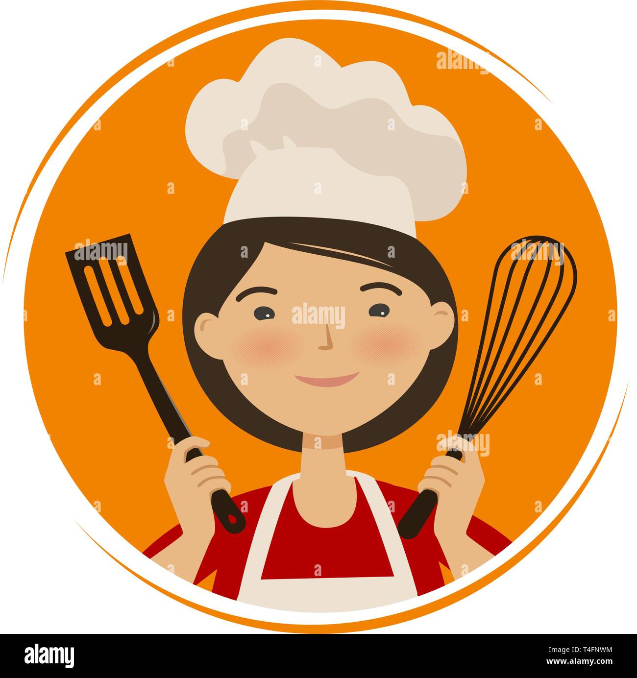 Cooking, cuisine logo. Cute girl in chef hat. Cartoon vector illustration Stock Vector