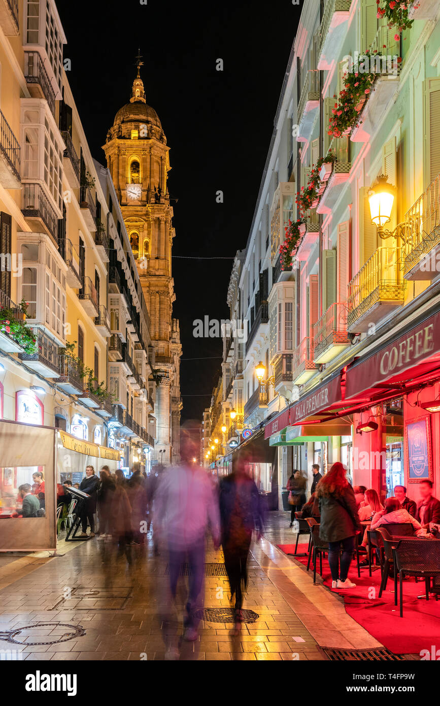 Old town street by night, Malaga, Andalusia, Spain Stock Photo