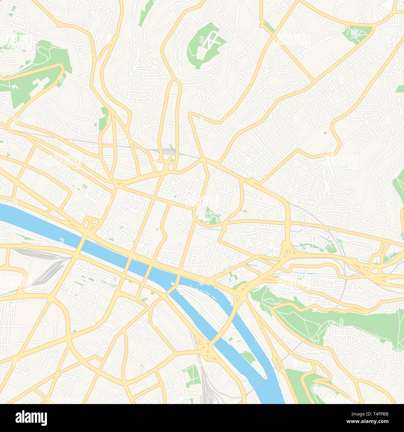 Printable map of Rouen, France with main and secondary roads and larger railways. This map is carefully designed for routing and placing individual da Stock Vector