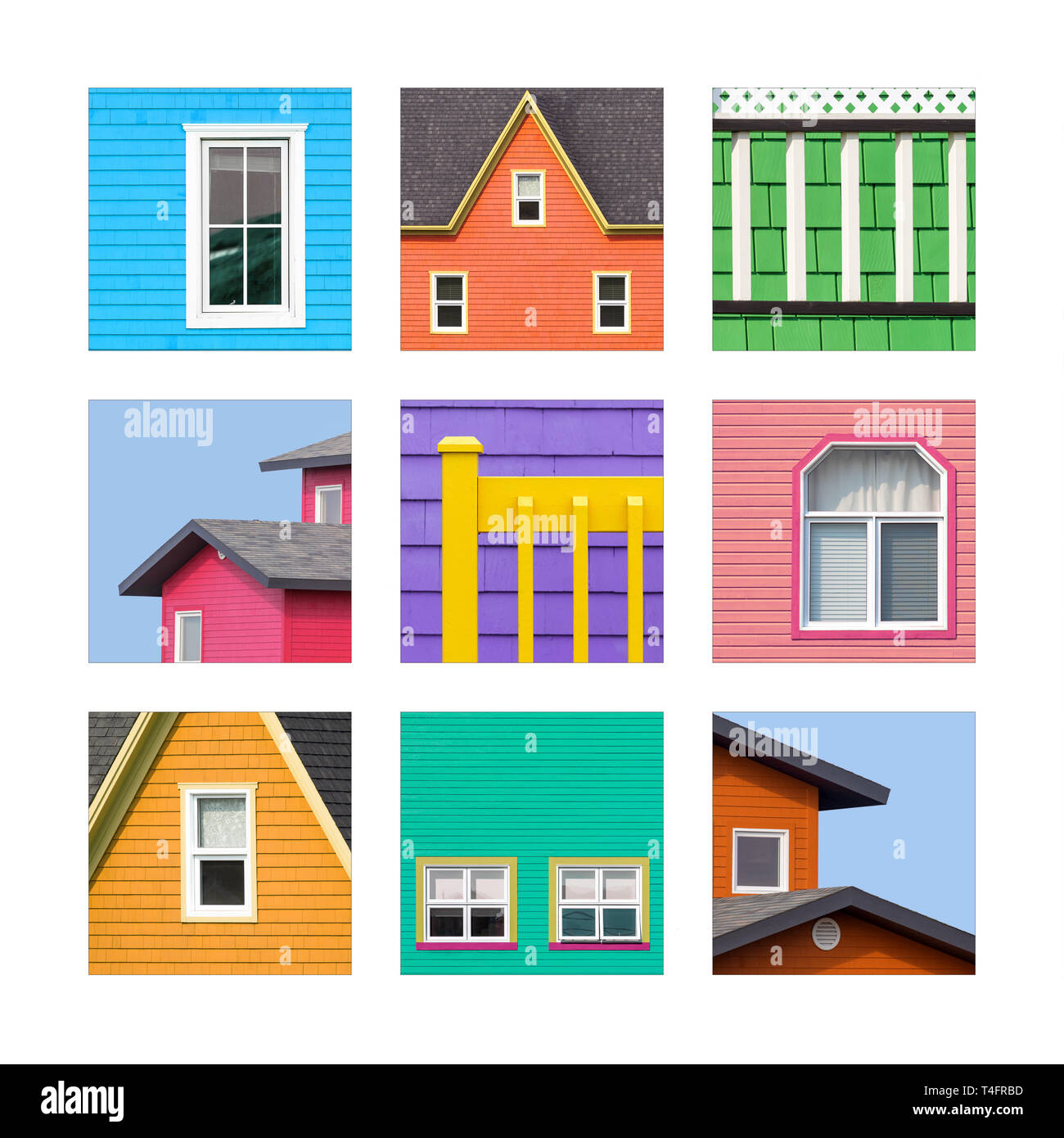Collage of details of the colourful houses of the Magdalen Islands, or Les Iles de la Madeleine in Canada. The traditional houses are painted wood or  Stock Photo