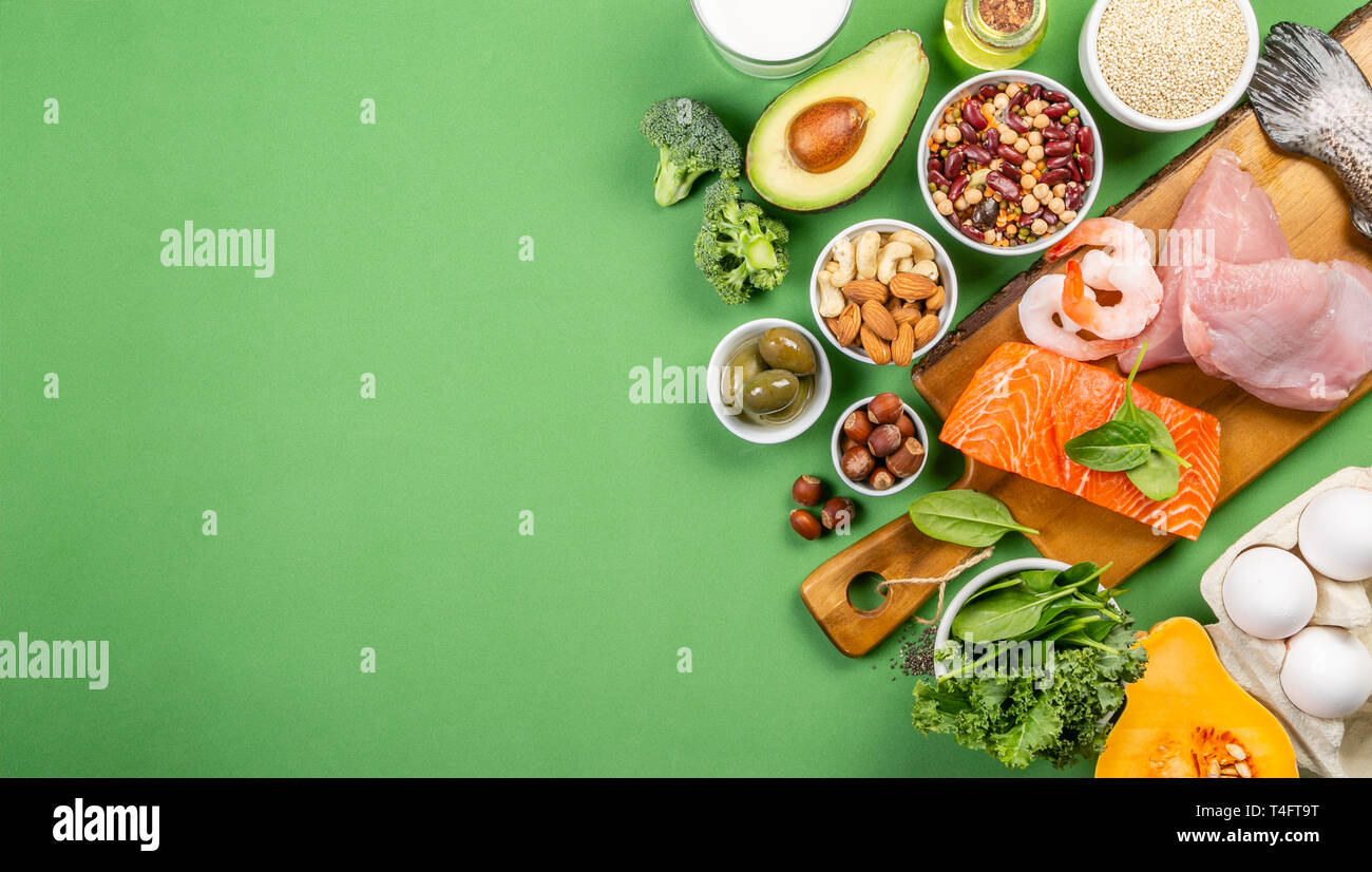 Mediterranean diet concept meat, fish, fruits and vegetables Stock