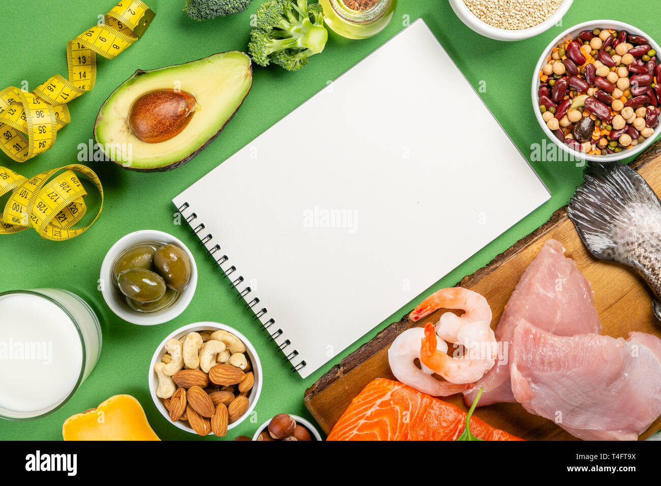 Mediterranean diet concept meat, fish, fruits and vegetables Stock