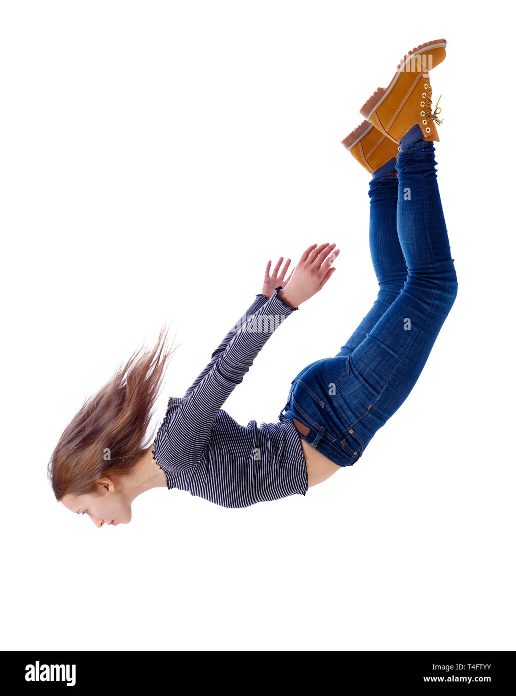 Side view of woman in zero gravity or a fall. girl is flying, falling or floating in the air. Side view people collection. side view of person. Isolat Stock Photo