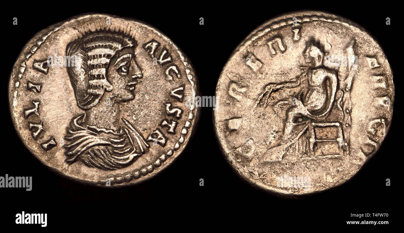 Roman silver Denarius coin (200-207AD) : Julia Domna (AD 160–217) Roman empress of Syrian origins, second wife of Septimius Severus Stock Photo