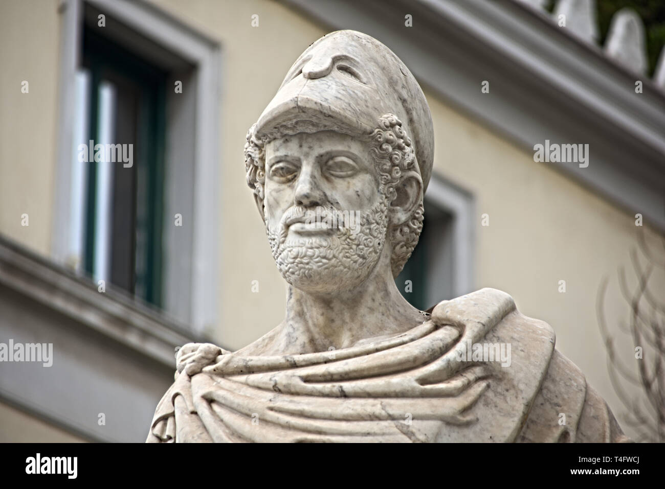 Statue of Pericles ('ΠΕΡΙΚΛΗΣ' means 'full of glory') in central Athens, Greece. By Faltermeier. Probably the only statue in Athens made by non-Greek. Stock Photo