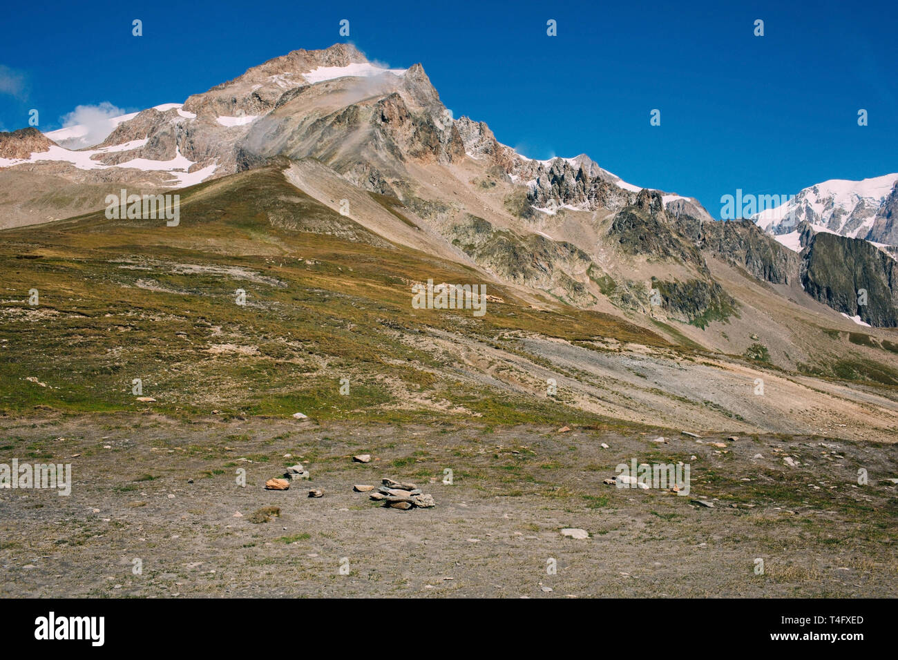 mountain pass Col de la Seigne , on the popular hiking track around the Mont Blanc Stock Photo