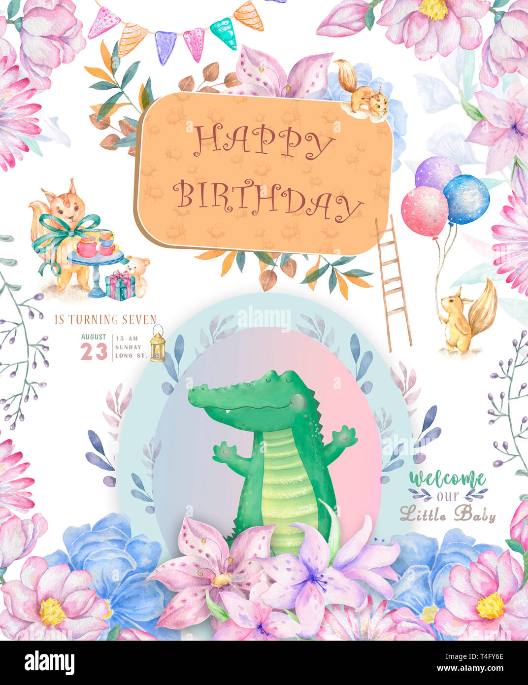 Happy birthday card with cute Croc Dandy Watercolor animal. Cute baby