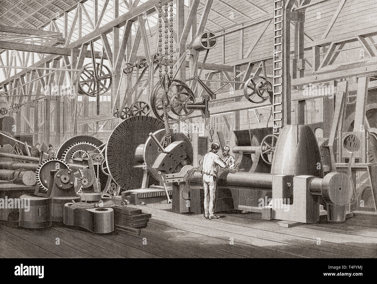 Penn's marine engine factory, Greenwich, London, England, 19th century. Turning a paddle shaft for a steam ship.  From The Illustrated London News, published 1865. Stock Photo