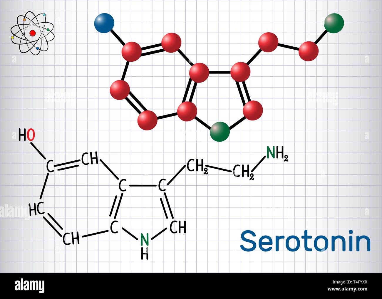 Serotonin molecule, is a monoamine neurotransmitter. Structural chemical formula and molecule model. Sheet of paper in a cage. Vector illustration Stock Vector