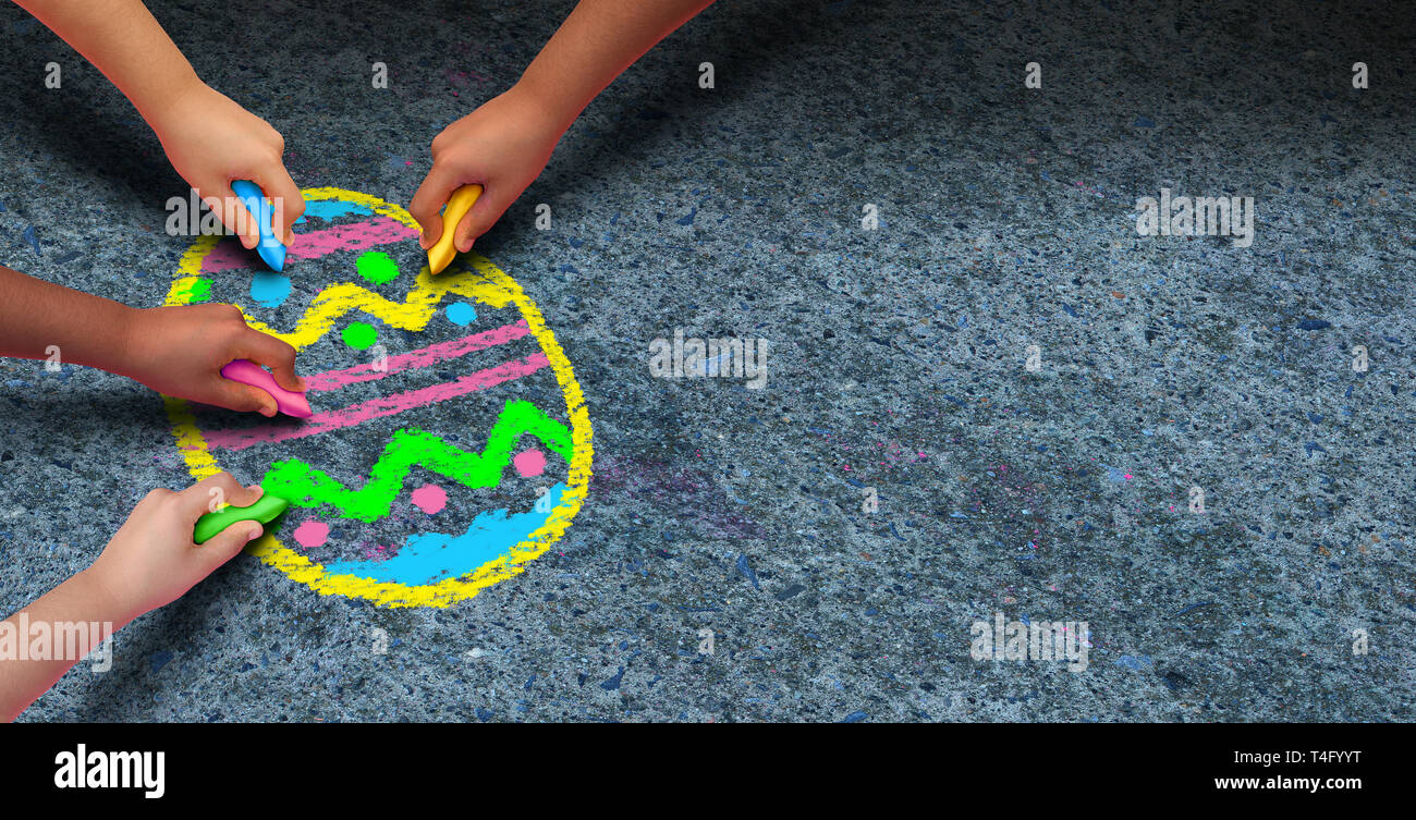 Easter arts and crafts activity concept as a group of children with chalk drawing a decorated egg on an asphalt texture as a symbol for cooperation. Stock Photo