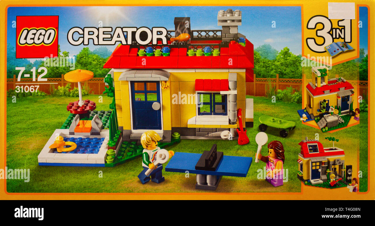 Close up box of Lego Creator toys. Stock Photo