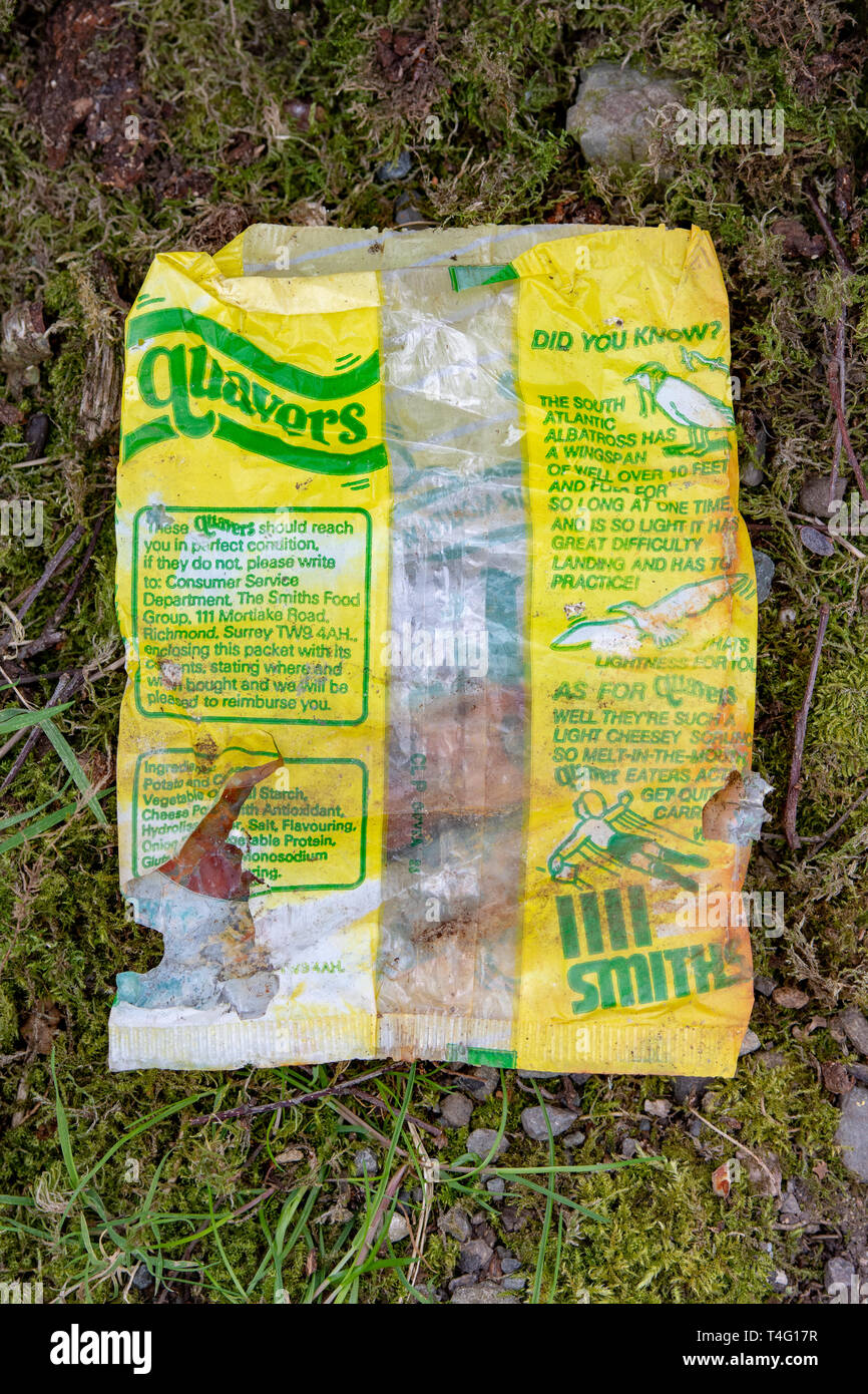 Lake District, Cumbria UK. 16th April 2019. A crisp packet from the 1970's found nearly 50 years after it was dropped by someone in The Lake District  Stock Photo