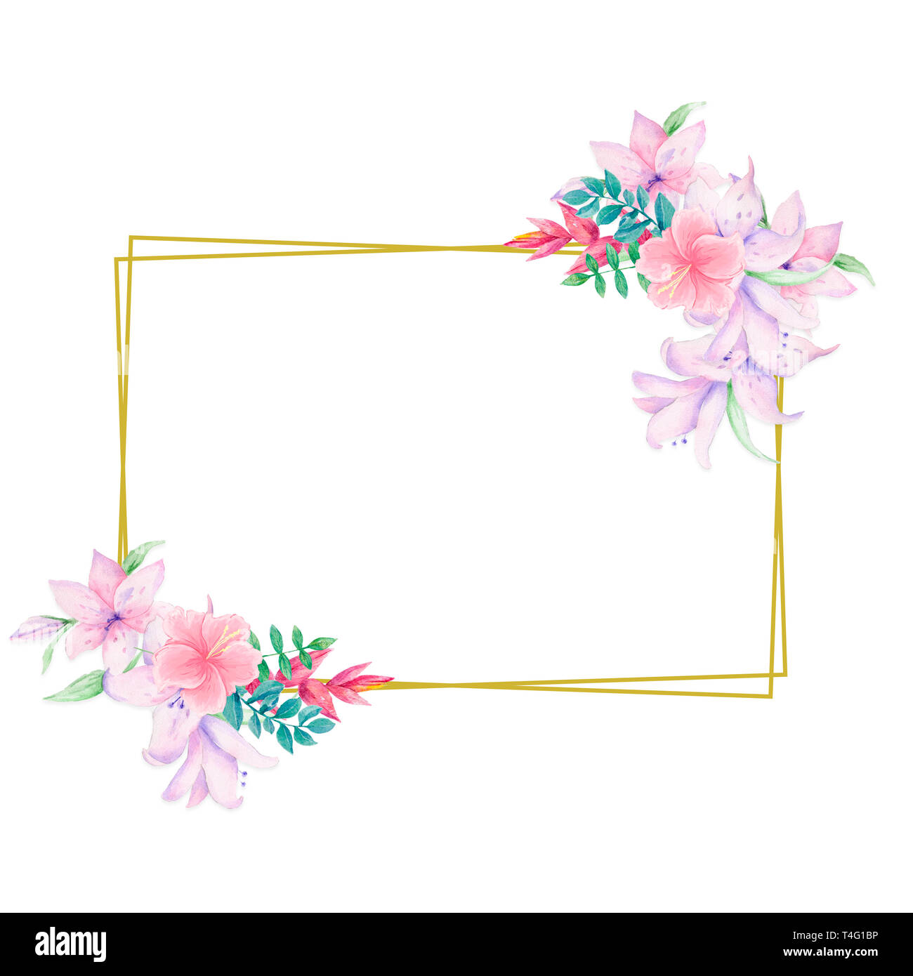 Wedding Invitation, floral invite card, pink floral and green leafs  geometric golden frame print. Rhombus Rectangle frame. White background  Stock Photo - Alamy