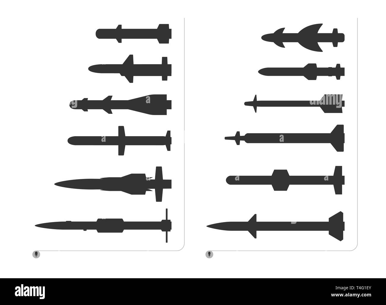 Set of silhouette missiles for fighter aircraft is isolated on a white background. The set of rockets have different forms and size. Stock Vector