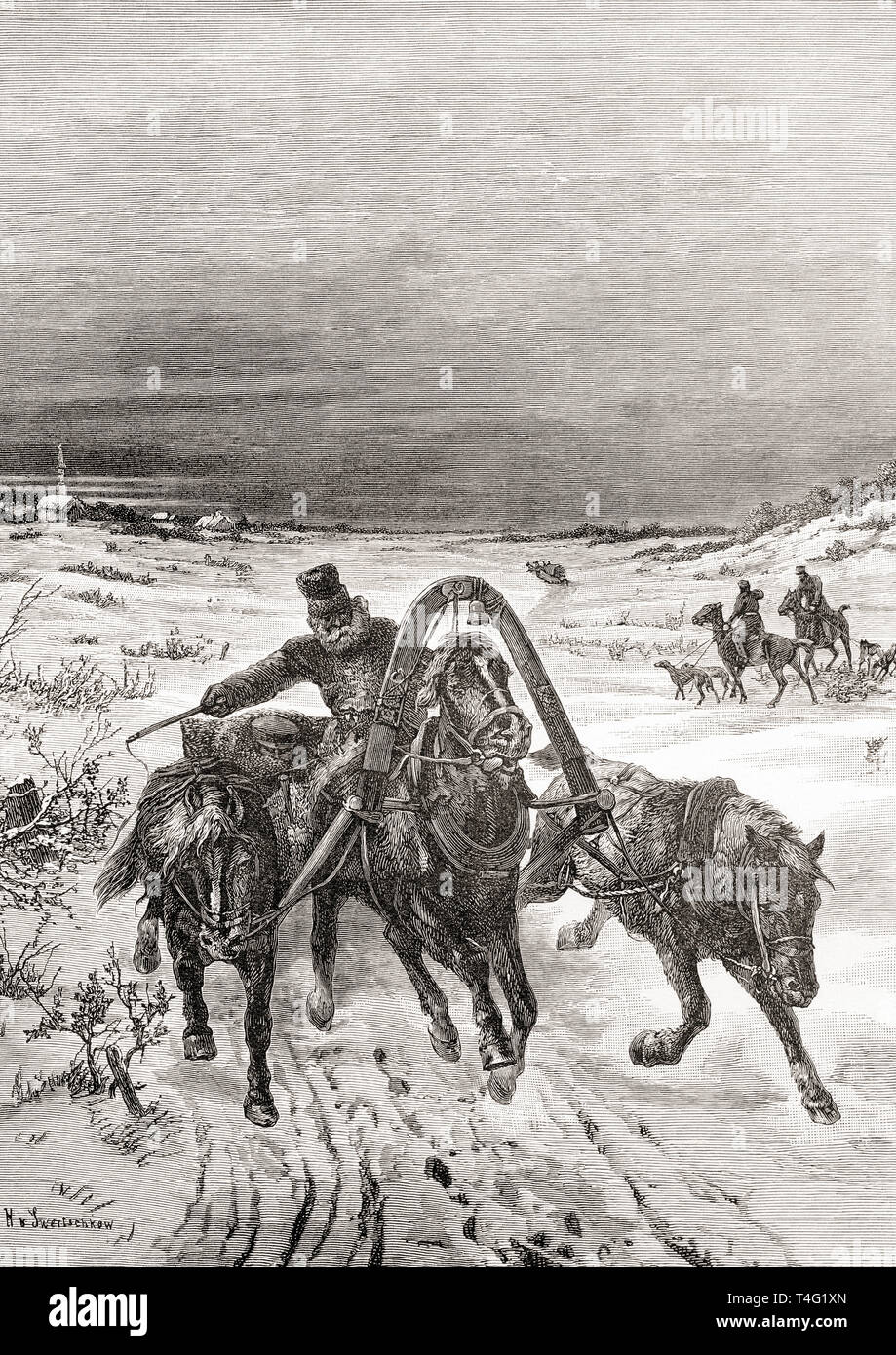 Russian sledging and coursing in the 19th century.  Coursing was the pursuit of game using mainly dogs.  From London Pictures, published 1890 Stock Photo