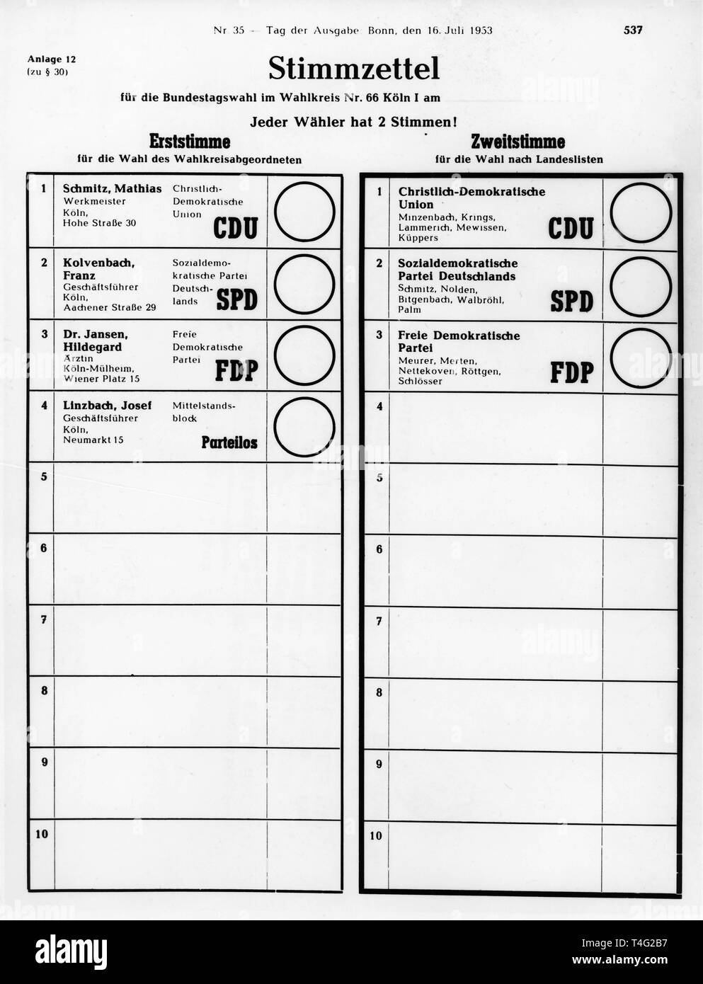 A ballot paper for the upcoming general elections in Germany in September 1953  for the district 66 in Cologne. | usage worldwide Stock Photo