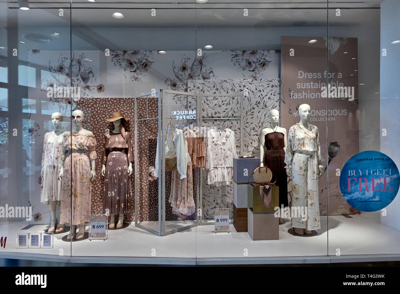 Shop window fashion display, Dress shop, female clothes, dresses, Stock Photo