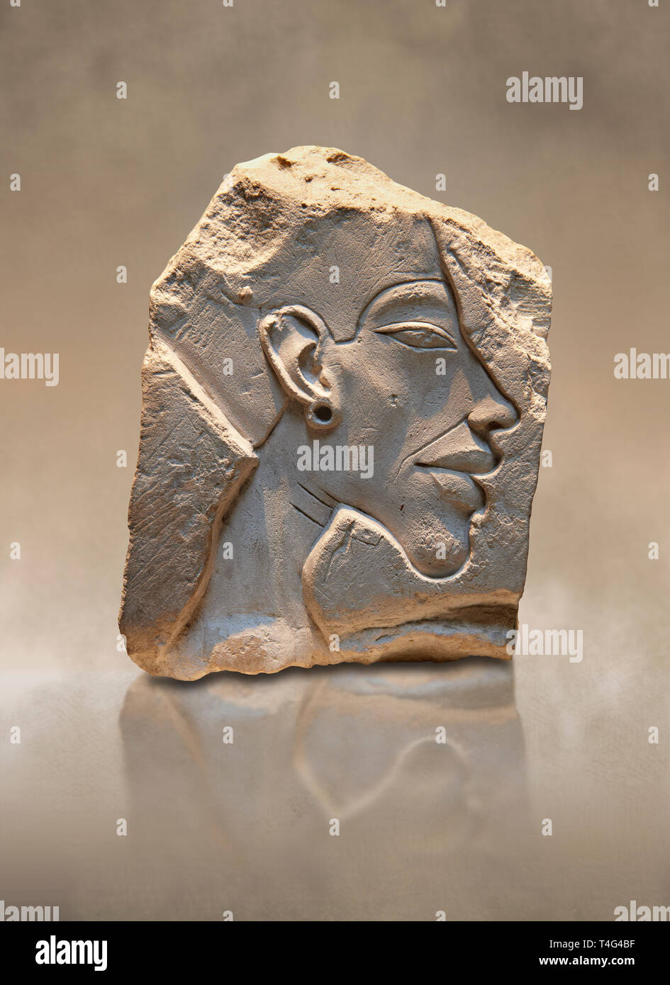 Ancient Egyptian relief portrait of King Akhenaten from Amarna. 18th Dynasty 1340 BC . Neues Museum Berlin Cat No: AM 14512. Stock Photo