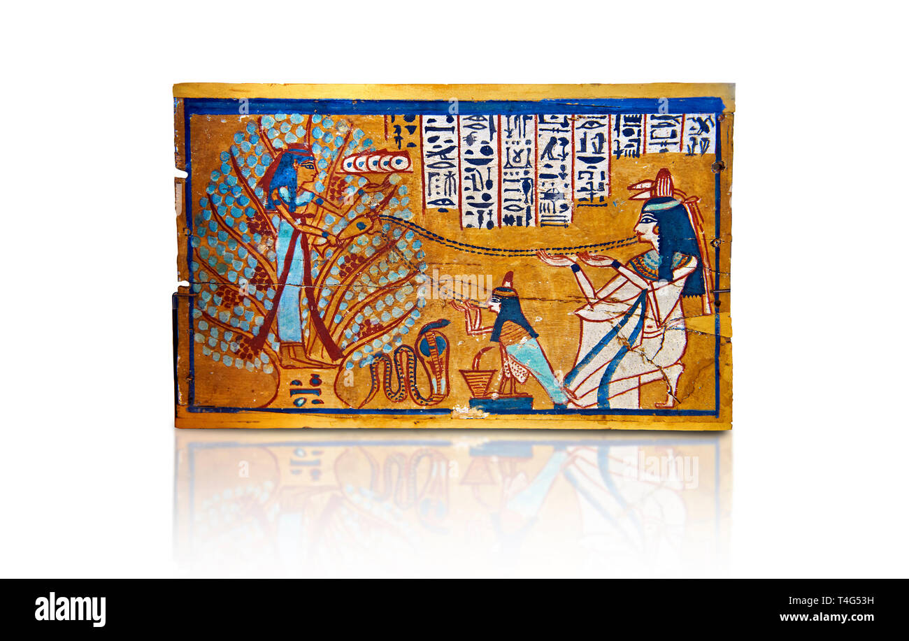 Ushabti box of Sched-es-en-mut. Egyptian painted wooden box panel of the deceased in front of a tree goddess, 1540-1075 BC . Neues Reiche Museum, Berl Stock Photo