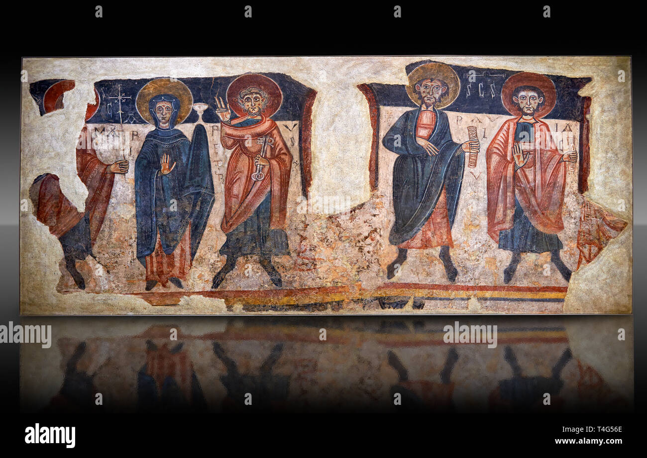 Romanesque frescoes of the Apostles from the church of Sant Roma de les Bons, painted around 1164, Encamp, Andorra. National Art Museum of Catalonia,  Stock Photo