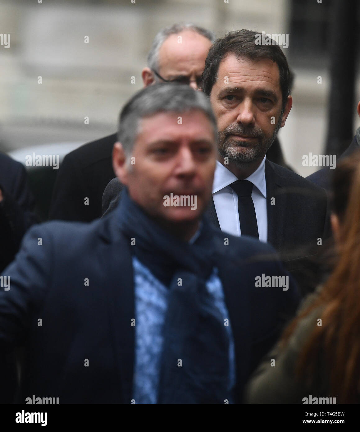 Minister of the Interior Christophe Castaner (right) visits the Notre Dame Cathedral in Paris following a fire which destroyed much of the building on Monday evening. Stock Photo