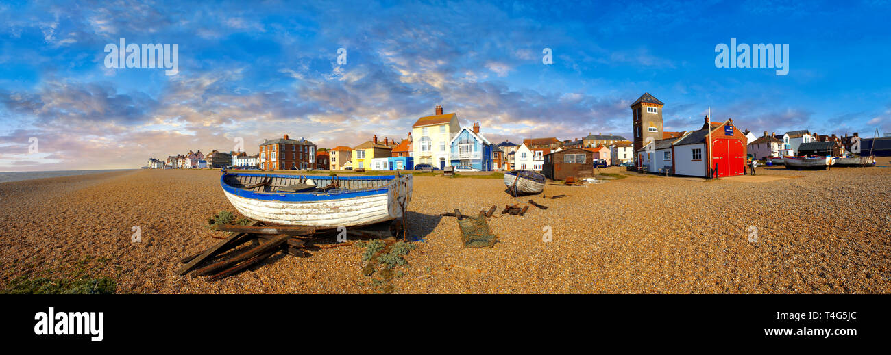 Sea front houses and shingle beach of Aldeburgh , Suffolk, England Stock Photo