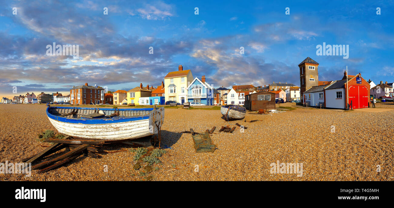Sea front houses and fushing baist on the shingle beach of Aldeburgh , Suffolk, England Stock Photo