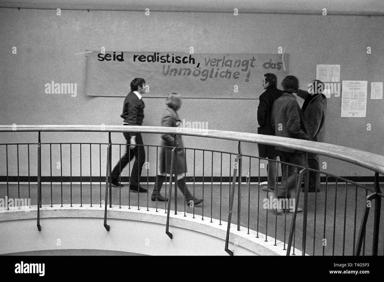 Students have put up a banner in the staircase of the institute. The university institute of sciences of journalism in the Amerikahaus in Munich were occupied by students on 11 February 1969. They demanded to gain access to records of director Roegele. | usage worldwide Stock Photo