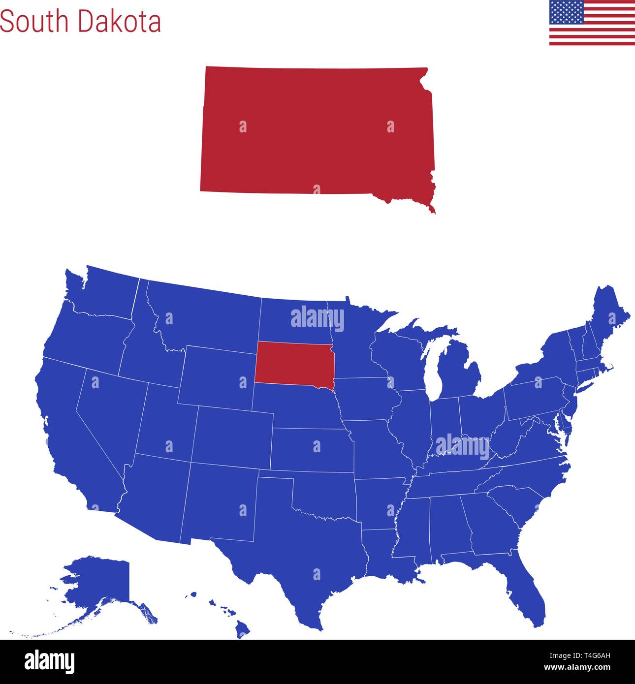 The State of South Dakota is Highlighted in Red. Blue Vector Map of the United States Divided