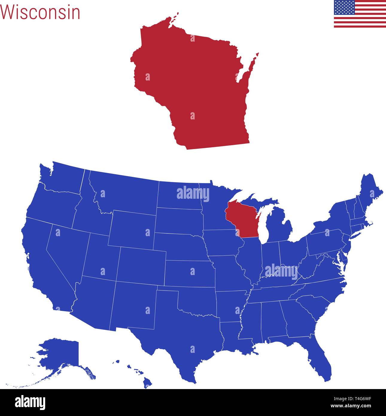 Wisconsin On World Map The State Of Wisconsin Is Highlighted In Red. Blue Vector Map Of The United  States Divided Into Separate States. Map Of The Usa Split Into Individual  Stock Vector Image & Art -