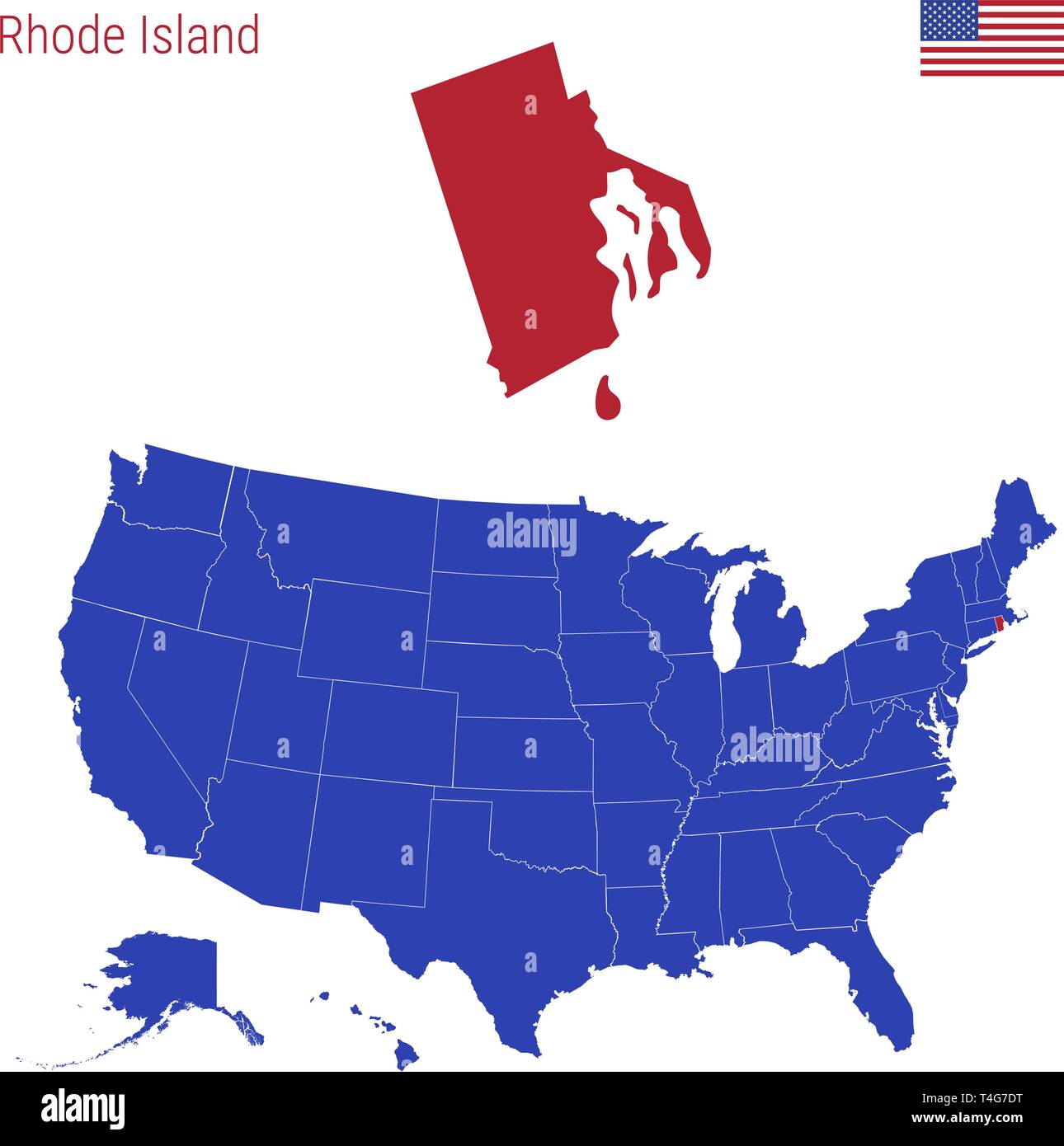 The State of Rhode Island is Highlighted in Red. Blue Vector Map of the