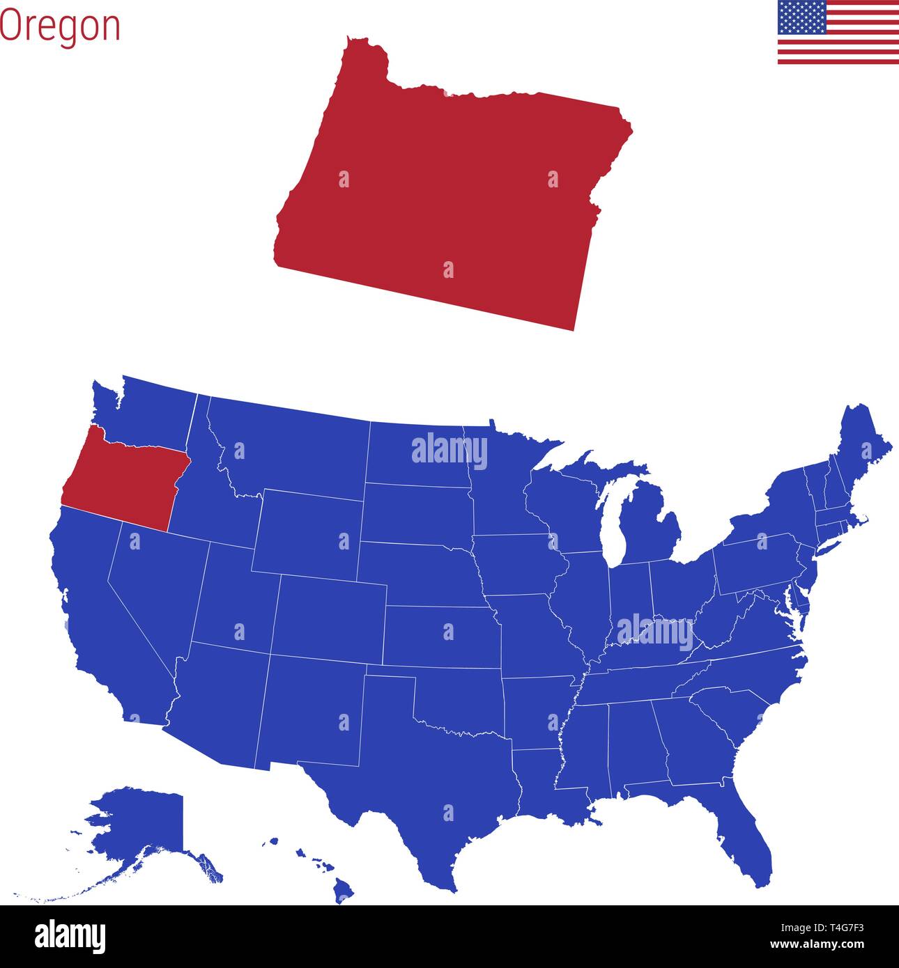 The State of Oregon is Highlighted in Red. Blue Vector Map of the