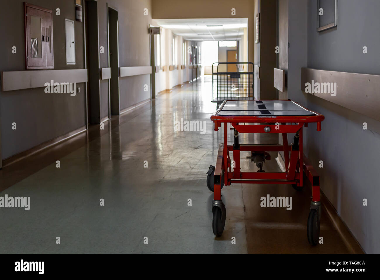 Stretcher and empty hospital corridor Stock Photo
