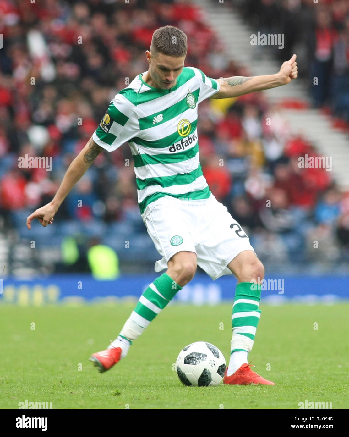 Glasgow, Scotland - April 14. Mikael Lustig of Celtic during the William Hill Scottish Cup semi final between Celtic and Aberdeen Stock Photo