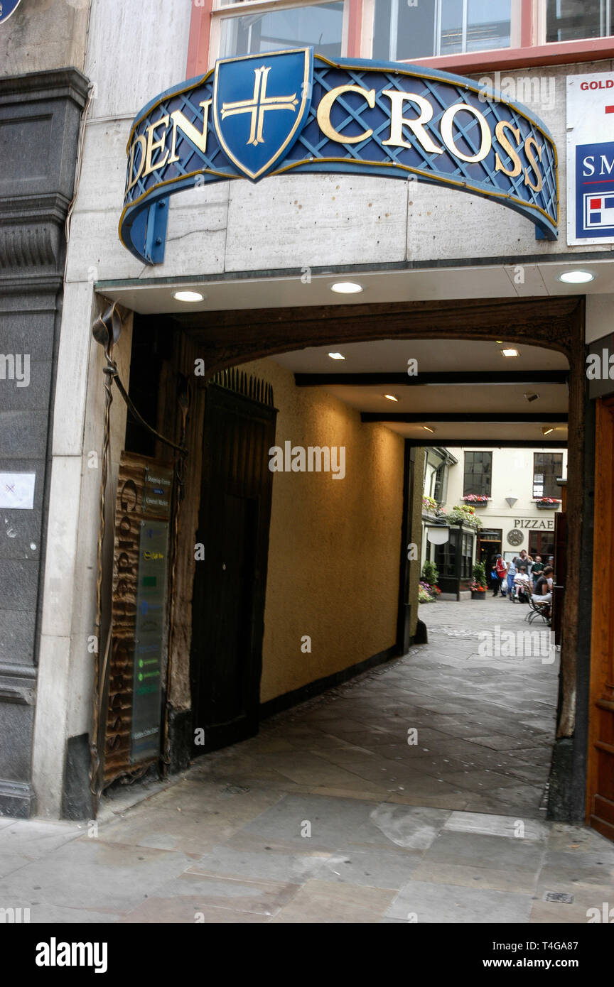 Archway leading into the Oxford Golden Cross undercover market of small