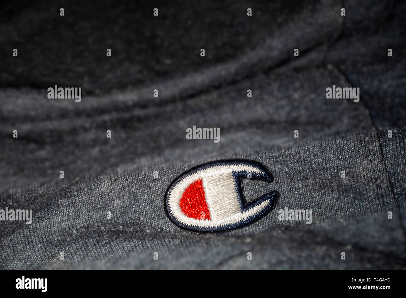 The logo of the sports apparel company Champion on gym shorts in New York on Tuesday, April 16, 2019.  Champion, a brand of HanesBrands Inc., has received a surge in popularity, seeing double-digit growth in sales during the last holiday season. (Â© Richard B. Levine) Stock Photo