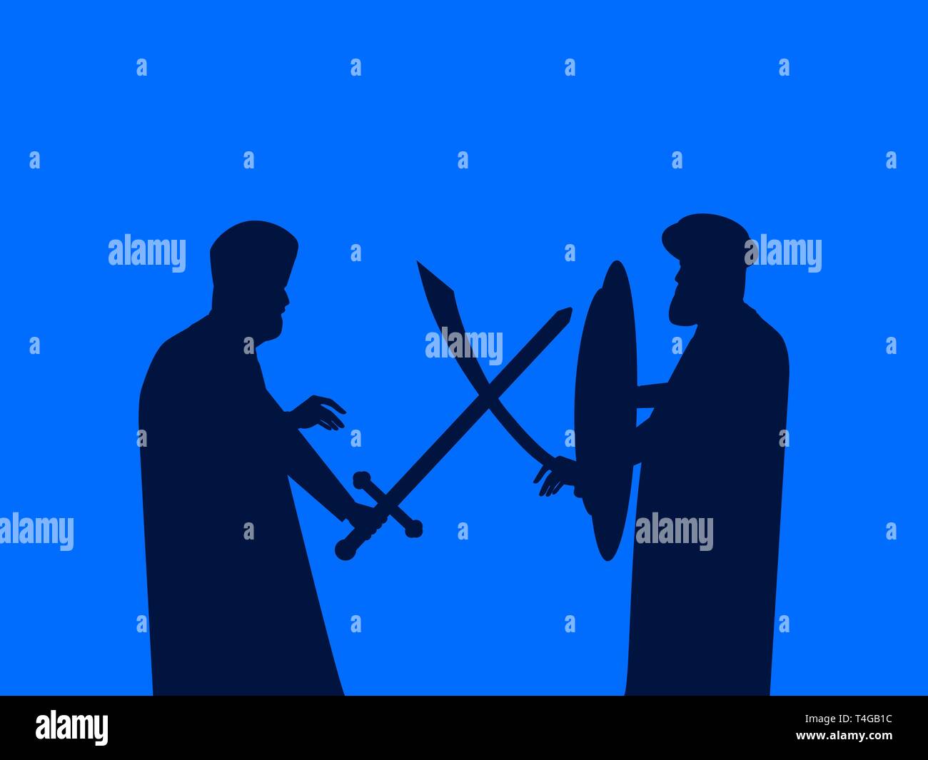 The battle of swords. Silhouette of two men beating on swords. Medieval duel. Vector illustration Stock Vector