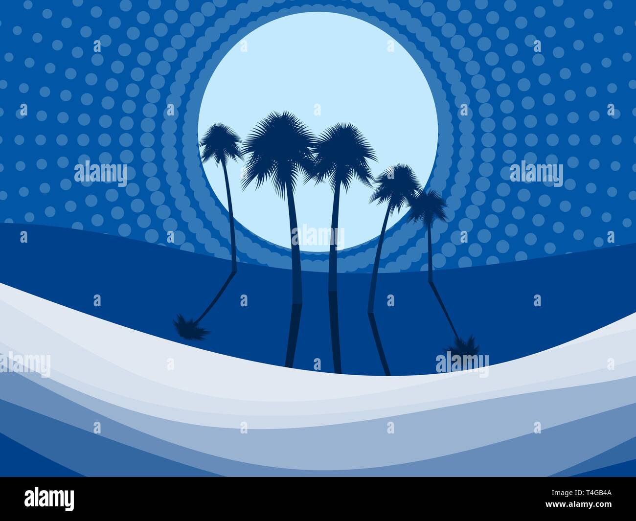 Night landscape with palm trees on the beach. Dots in the style of pop art. Vector illustration Stock Vector