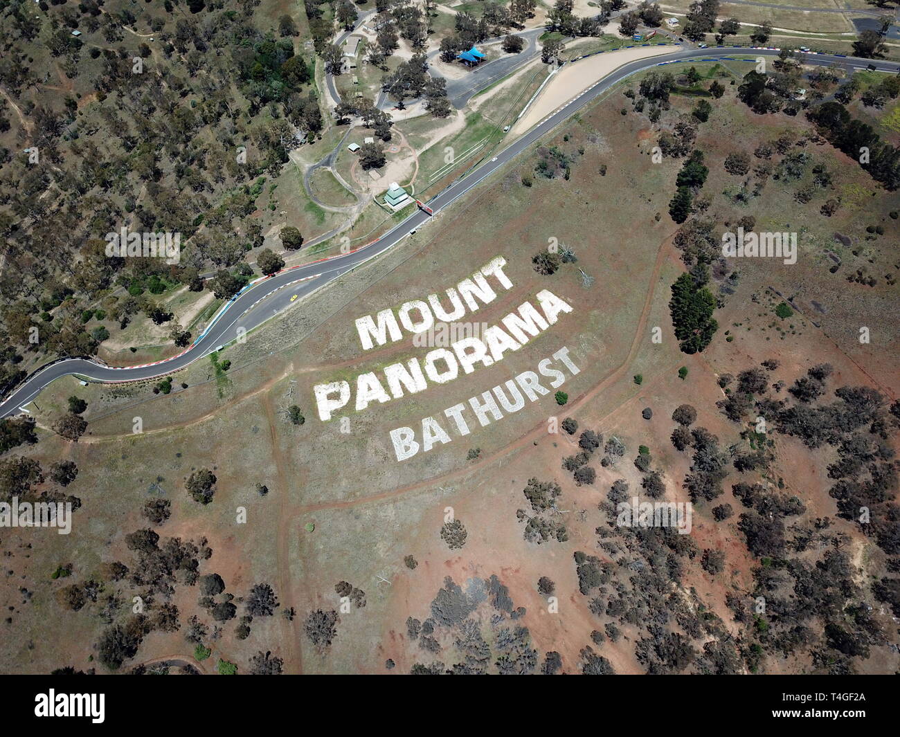 Aerial view of the Mount Panorama Circuit, the home of Australia most famous motor car race. Bathurst is located in the central west region of NSW. Stock Photo