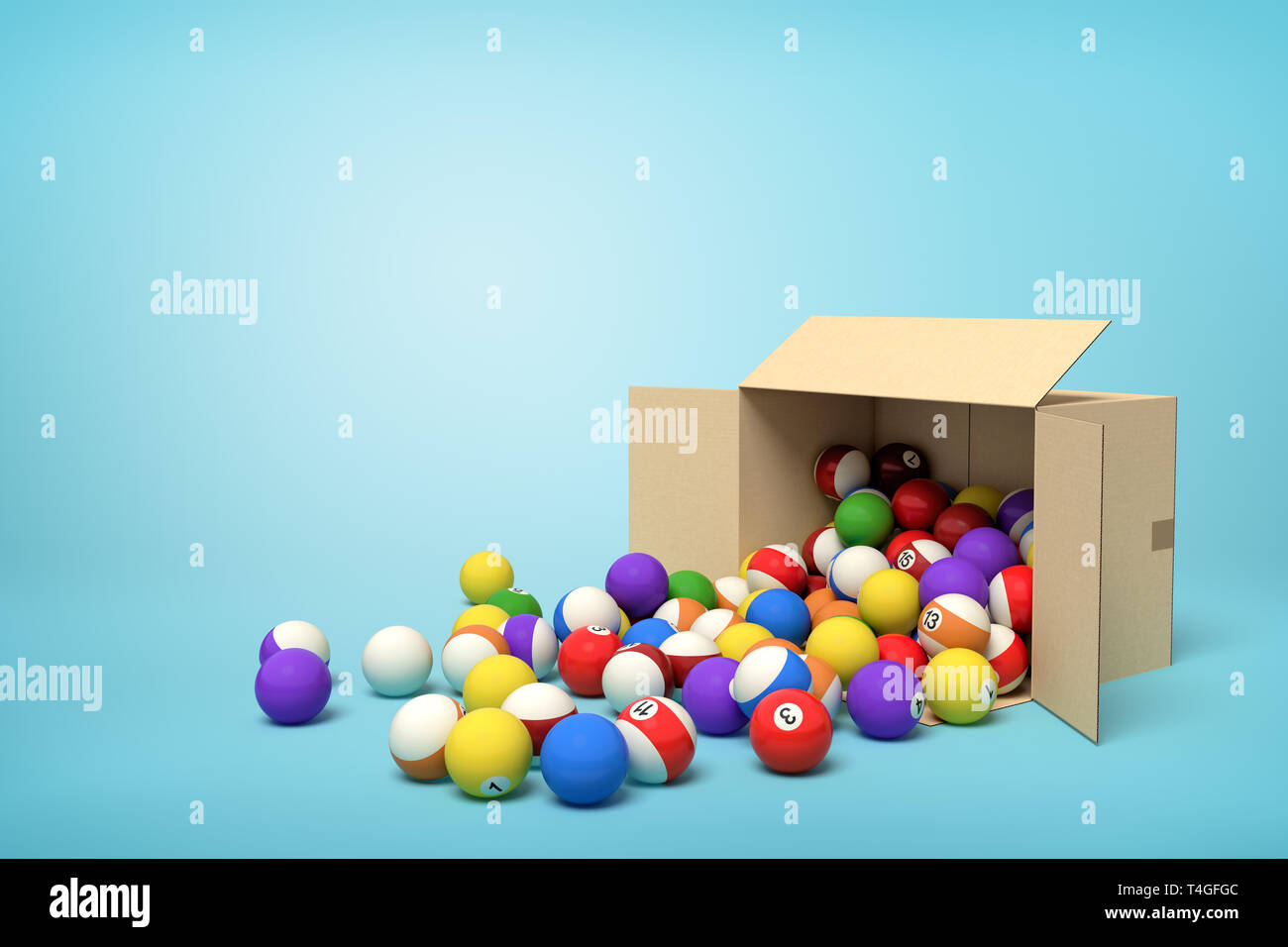 3d rendering of cardboard box lying sidelong with colorful snooker balls inside and in front of it on light-blue background with copy space. Stock Photo