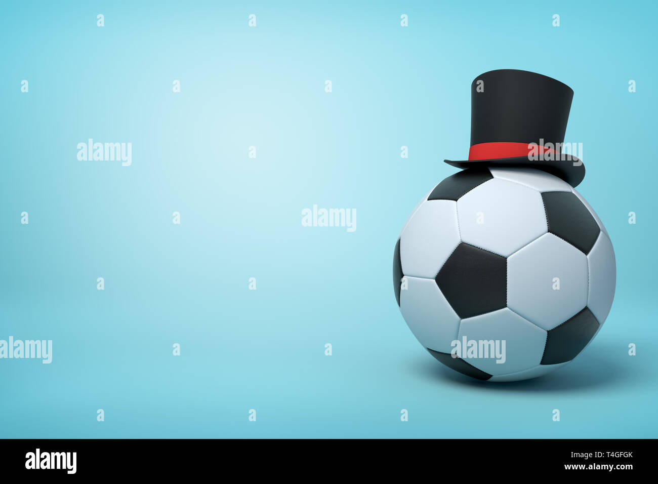 3d rendering of football wearing black tophat with much copy space on the rest of light blue background. Stock Photo