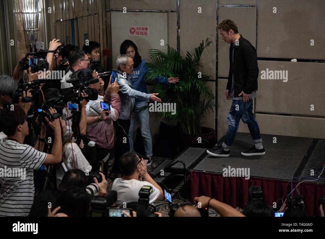 Hong Kong pop star Andy Hui Chi-on (51) seen arriving at a press conference to address a scandal between him and the local actress Jacqueline Wong Sum-wing (30). Earlier today, local news outlet released a dashcam video showing Hui cheating on his wife Sammi Cheng Sau-man with Wong, while on a taxi ride home. Stock Photo