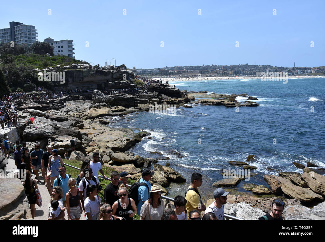 Sydney, Australia - Nov 4, 2018. Big crowd visit the outdoor exhibition. Sculpture by the Sea along the Bondi to Tamarama coastal walk is the world la Stock Photo