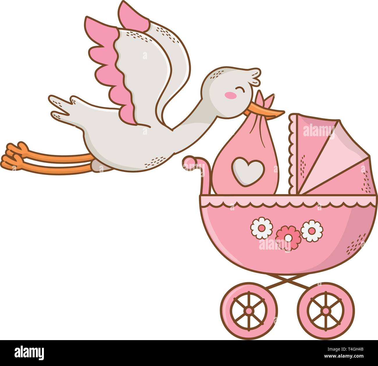 cute baby shower stork holding baby bag with carriage cartoon vector ...
