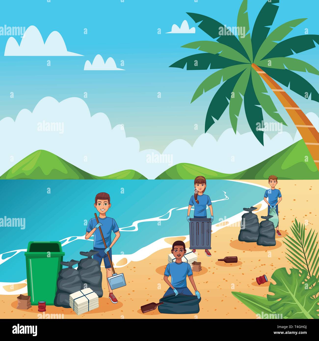 Teenagers cleaning beach Stock Vector