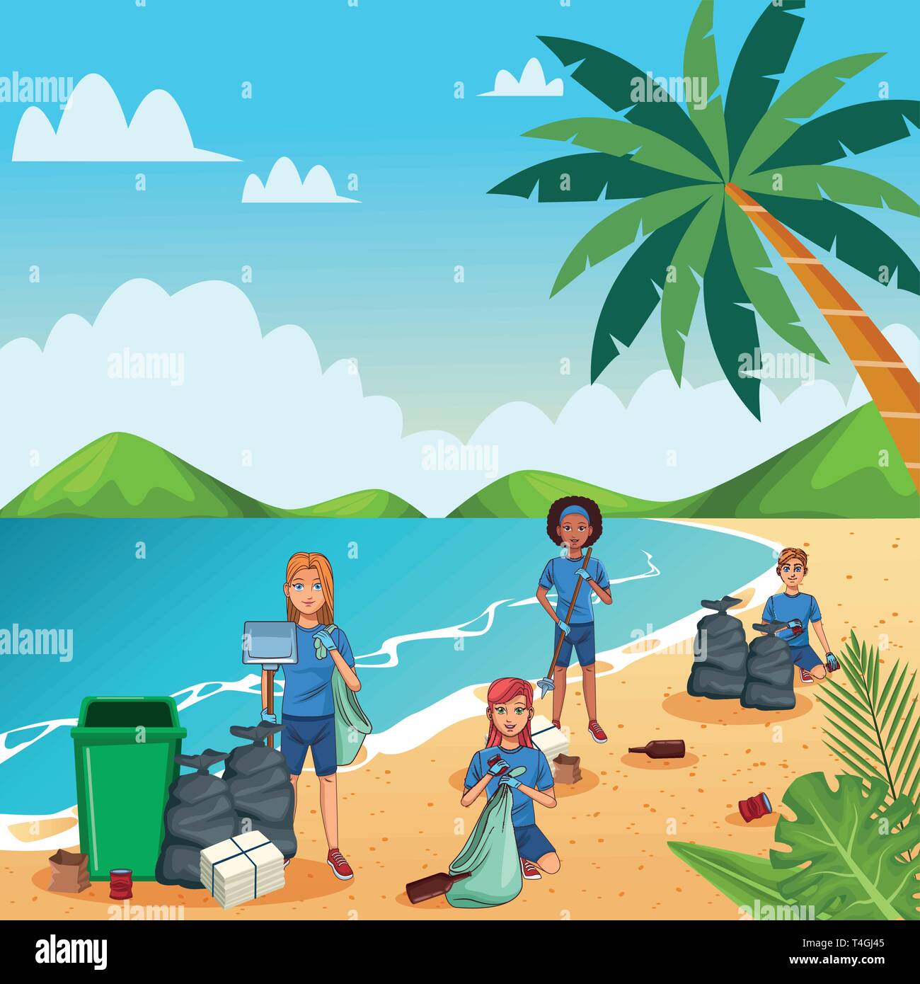 Teenagers cleaning beach Stock Vector