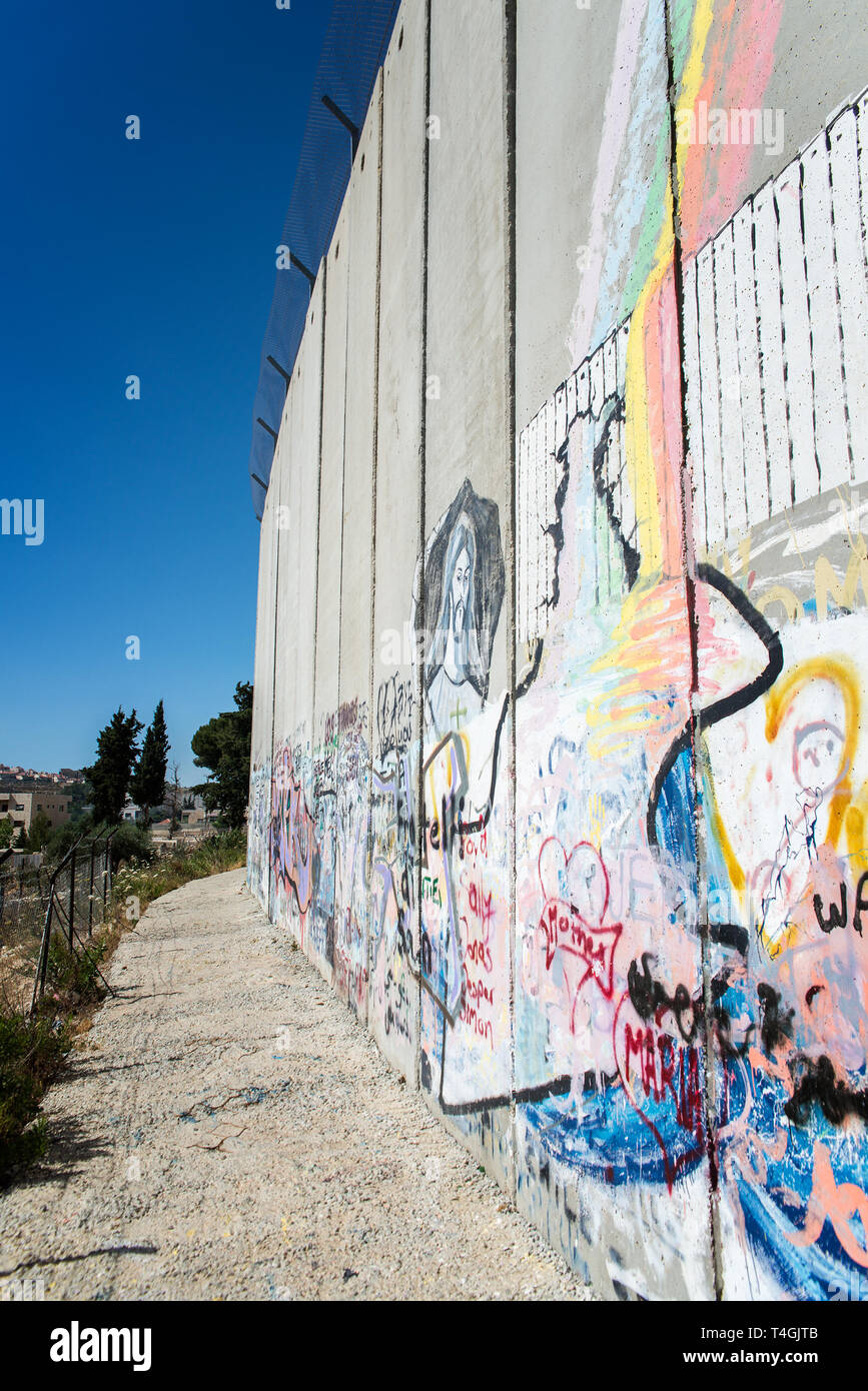 BETHLEHEM, PALESTINE - JUNE 2, 2015: The Israeli West Bank barrier  is a separation barrier. Upon completion, its total length will be about 700 kilom Stock Photo